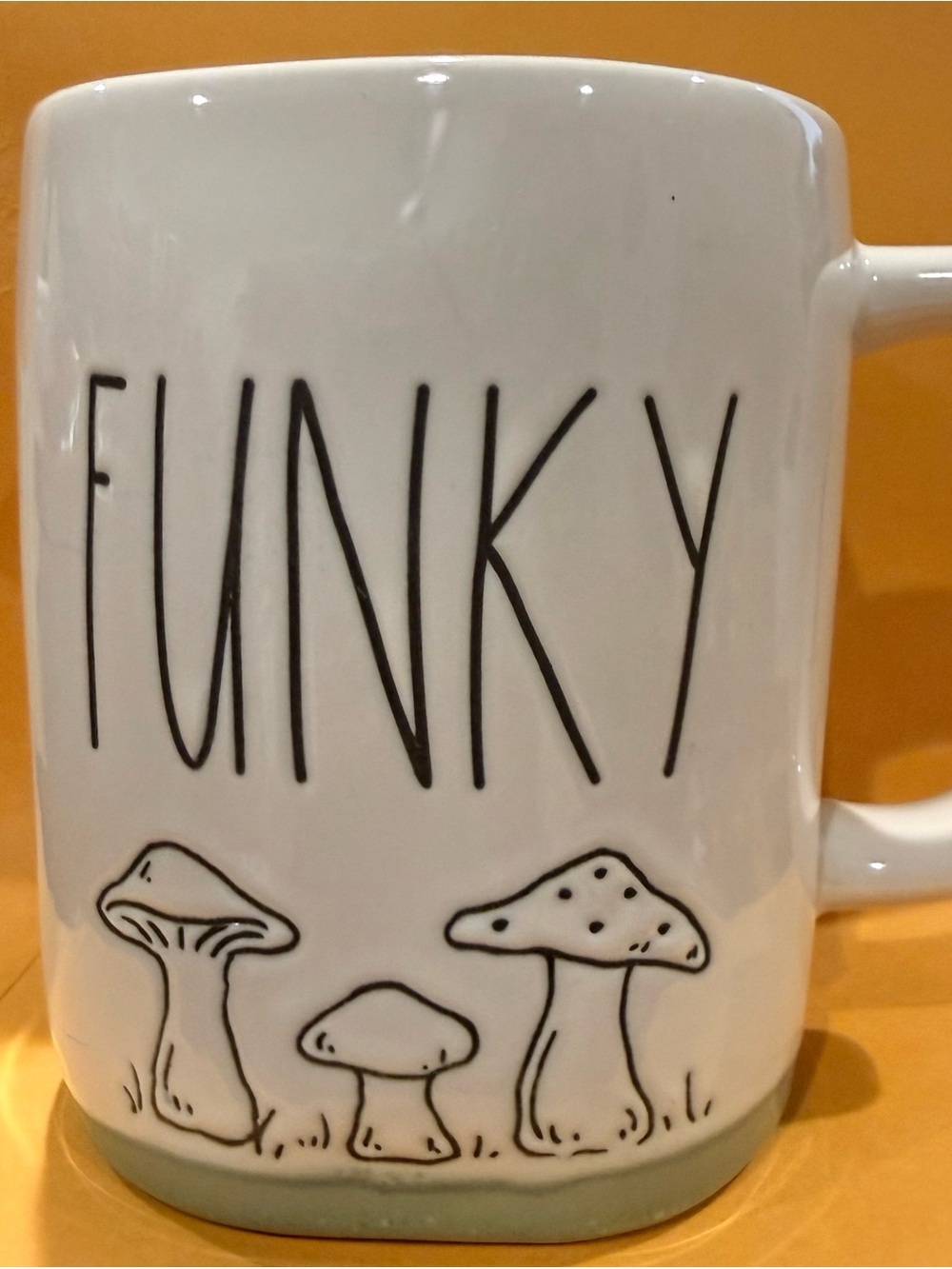 Rae Dunn White Mug with 'FUNKY' Lettering and Mushroom Sketches